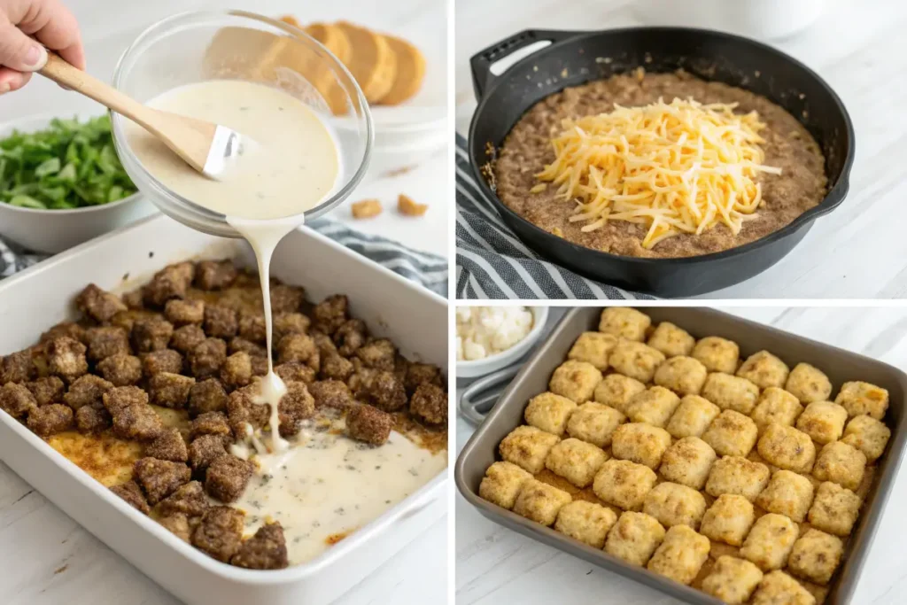 Step-by-step process of making Tater Tot Casserole.