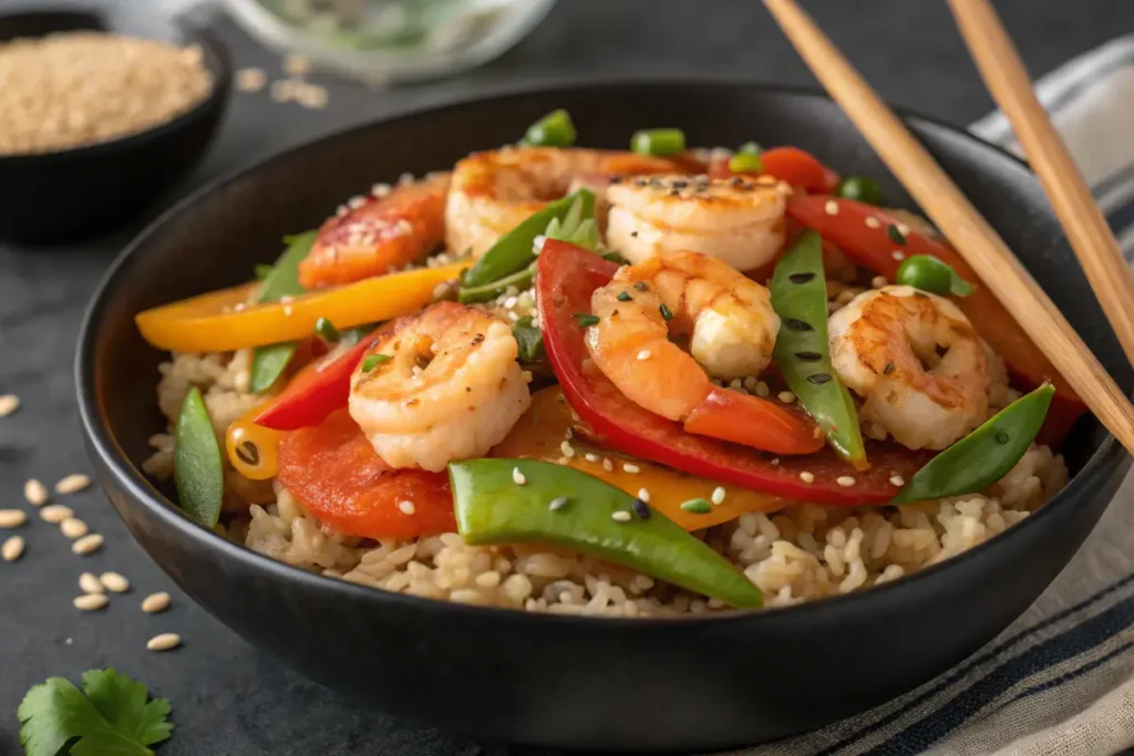 A vibrant shrimp stir-fry with colorful vegetables and brown rice