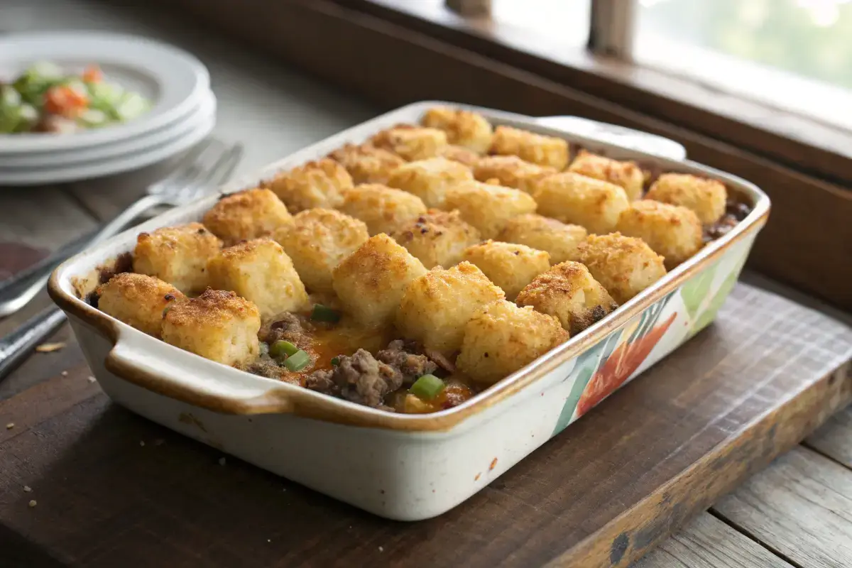 Golden-brown Tater Tot Casserole fresh from the oven