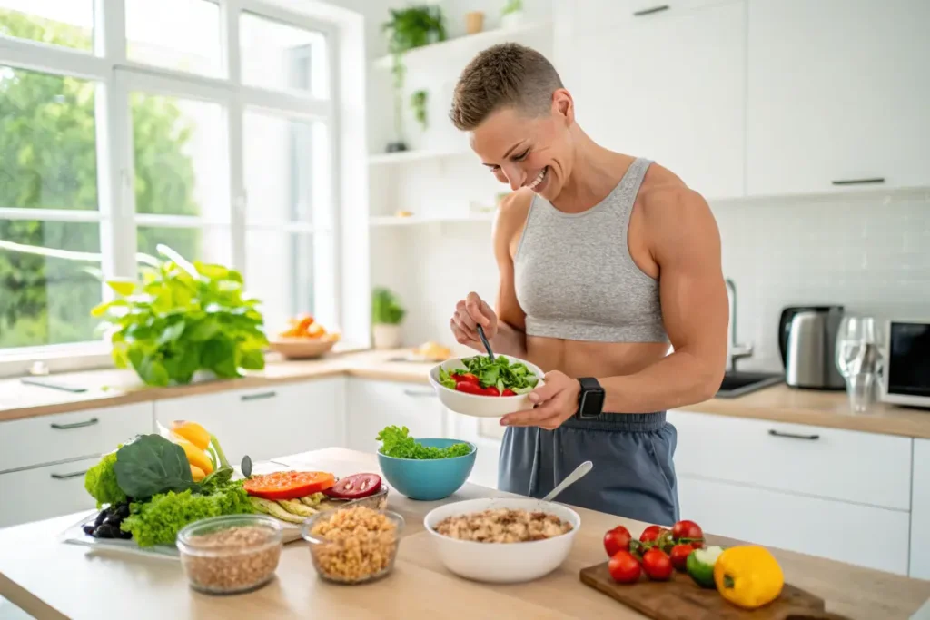 Person preparing a healthy meal in a bright kitchen.