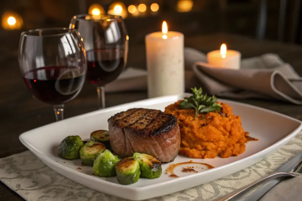 A romantic dinner featuring seared filet mignon with roasted Brussels sprouts.