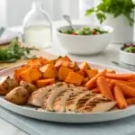 A colorful, well-balanced meal for picky eaters featuring chicken, sweet potatoes, and carrots.