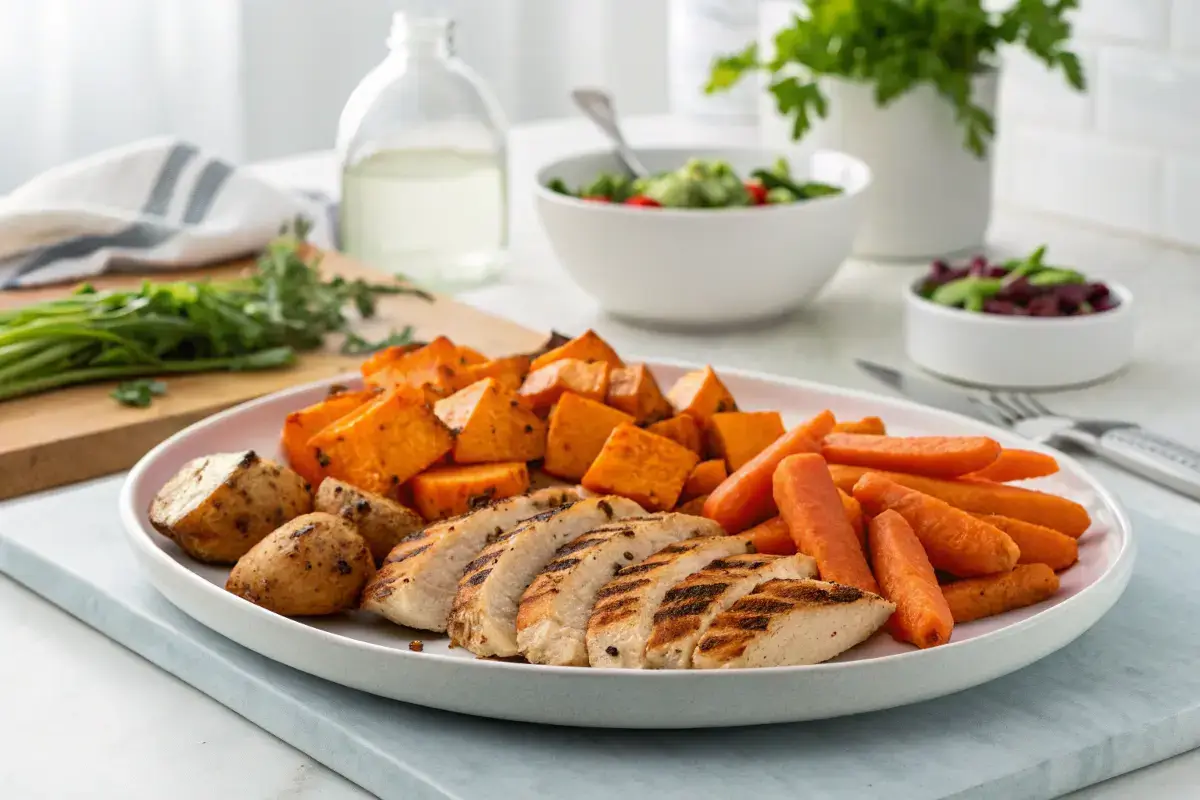 A colorful, well-balanced meal for picky eaters featuring chicken, sweet potatoes, and carrots.