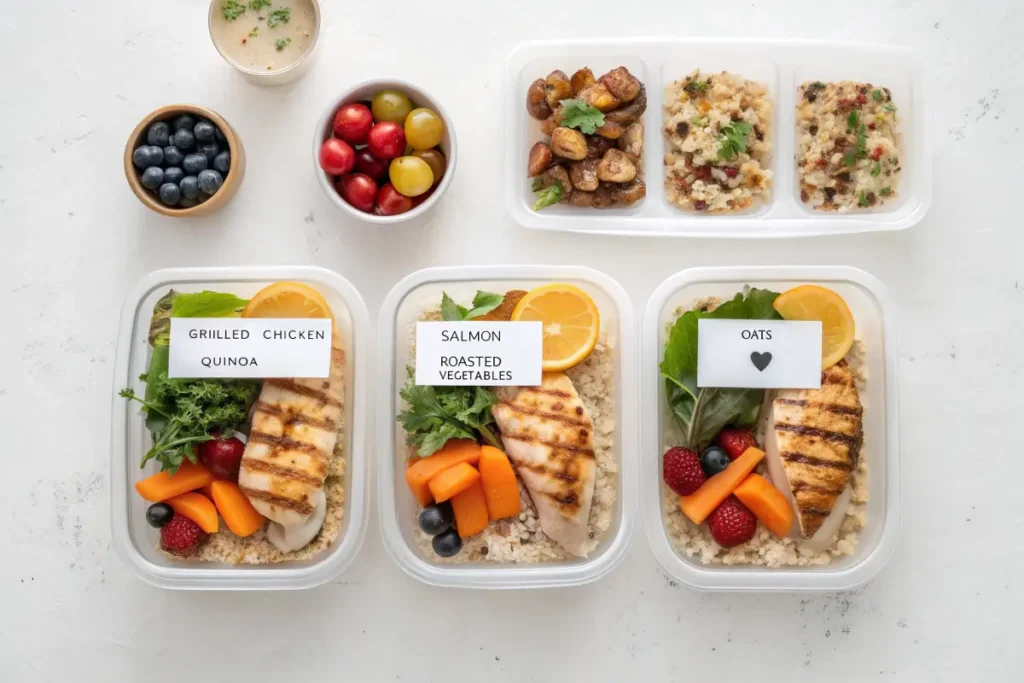 Meal prep containers with healthy meals for weight loss.