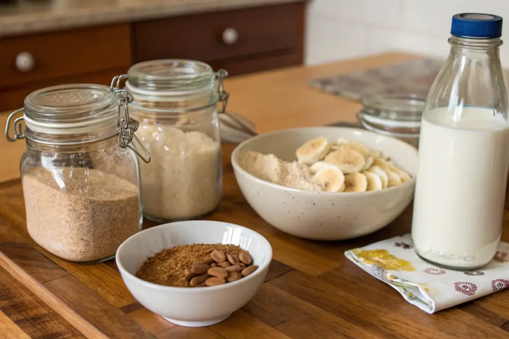 Healthy baking ingredients like whole wheat flour, coconut sugar, and natural sweeteners on a wooden countertop.