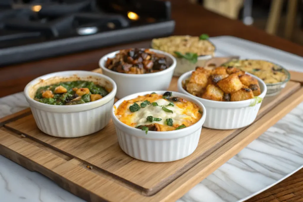 Different variations of Tater Tot Casserole displayed on a platter.